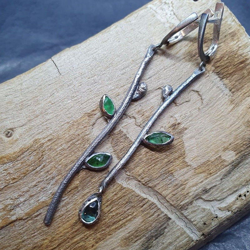 Plant branches green leaves crystal earrings asymmetrical design-canovaniajewelry