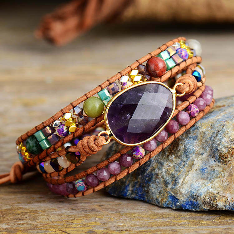 Amethyst Healing Bracelet Good Luck Friendship Hand-woven cowhide Bracelet-canovaniajewelry