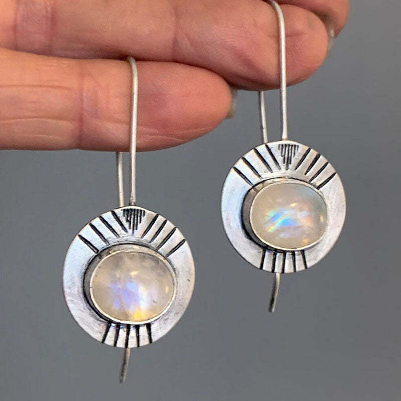 Vintage geometric round set moonstone earrings-canovaniajewelry