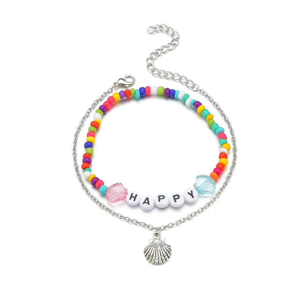 Colorful resin rice beads letter happy shell pendant double adjustable anklet-canovaniajewelry