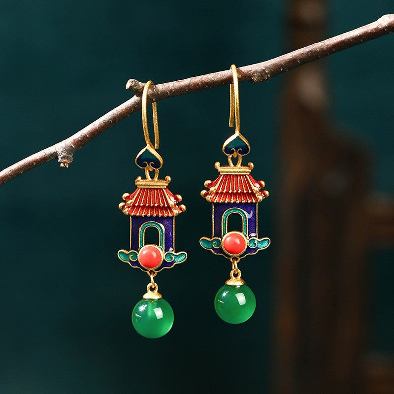 Chalcedony earrings in Chinese style enamel with gilt-canovaniajewelry