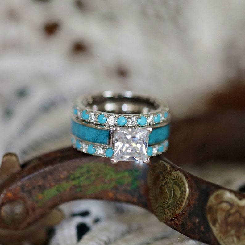 Turquoise Diamond Flower Engraved Band Rings-canovaniajewelry