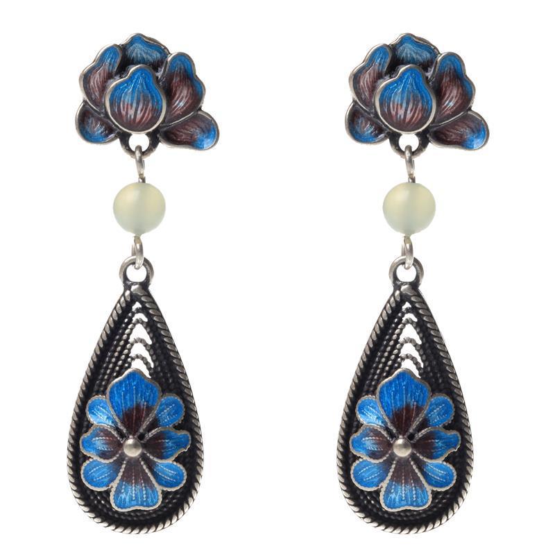 Blue silk earrings with peony flowers-canovaniajewelry