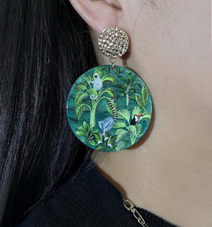 Green Rainforest Flora and Fauna 3D relief printed acrylic design sense exaggerated accessory earrings-canovaniajewelry