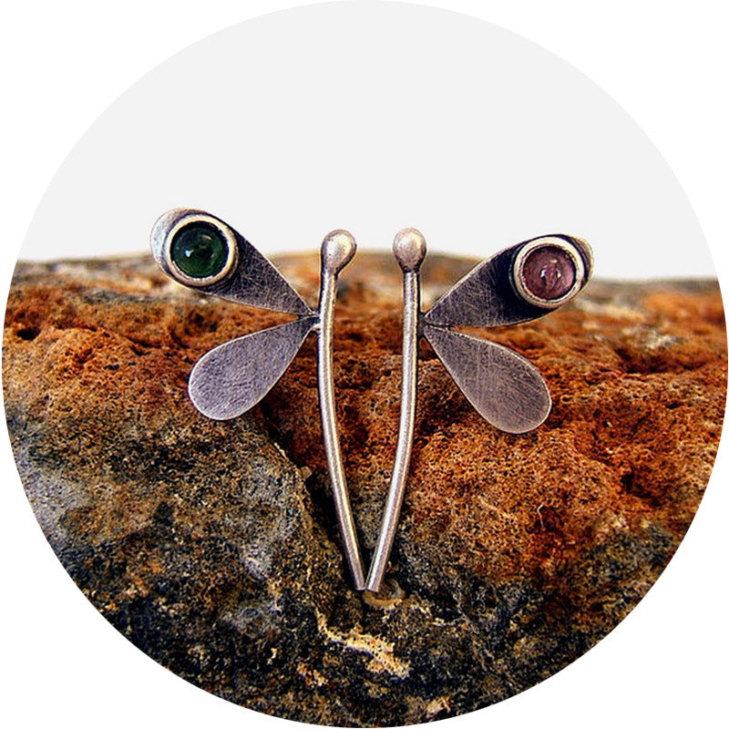 Asymmetrical dragonfly set red and green stone earrings-canovaniajewelry