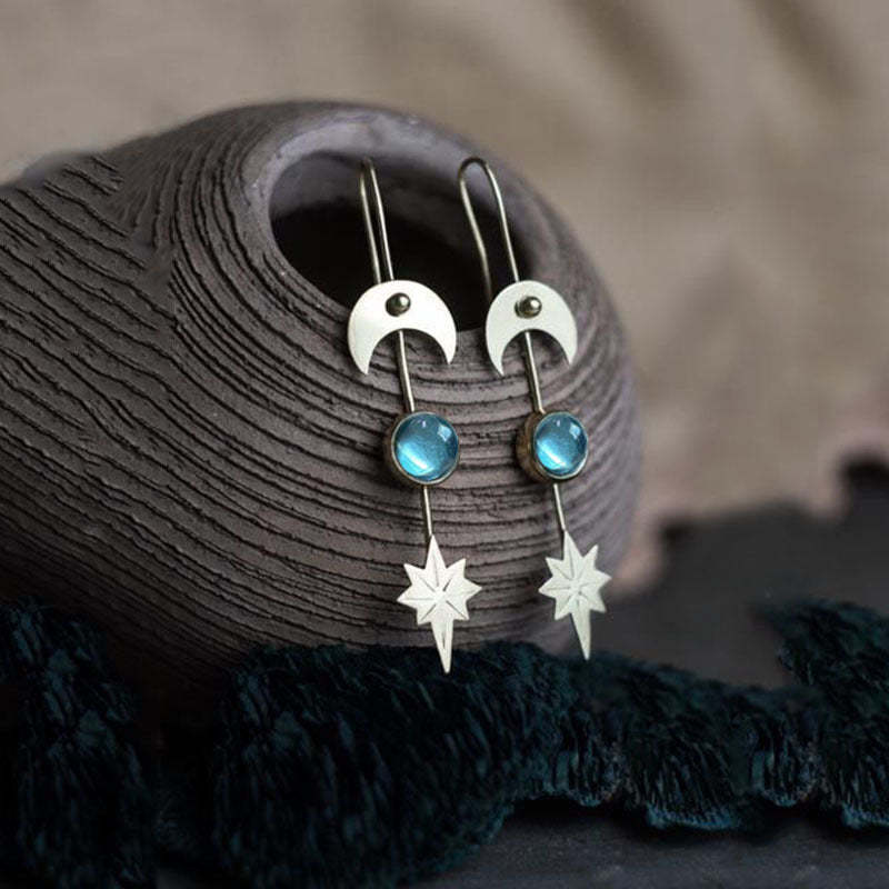 Geometric shape ancient silver star moon long earrings-canovaniajewelry