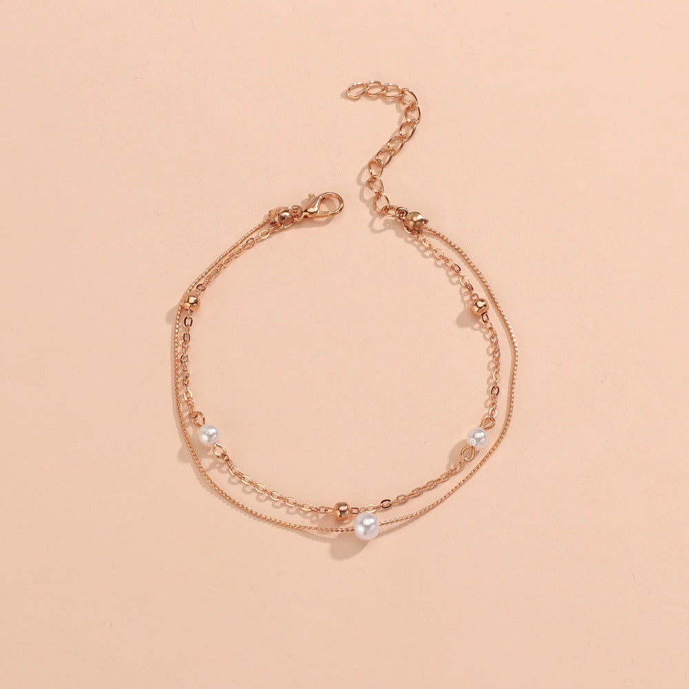 Summer Beach Pearl Double Layer Metal Anklet-canovaniajewelry