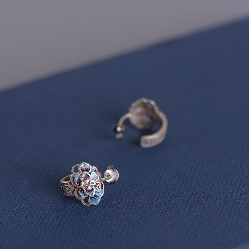 Blue ear studs with peony flowers-canovaniajewelry