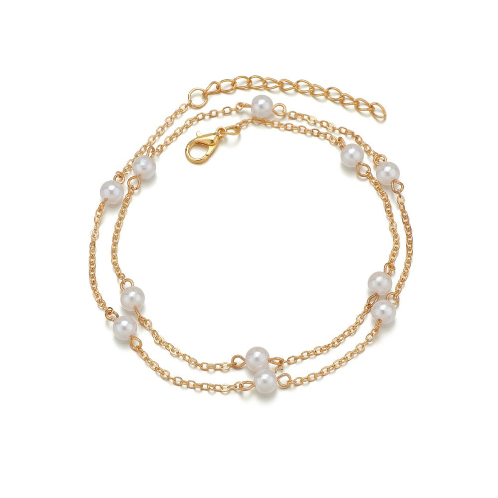 Beach simple pearl double alloy anklet-canovaniajewelry