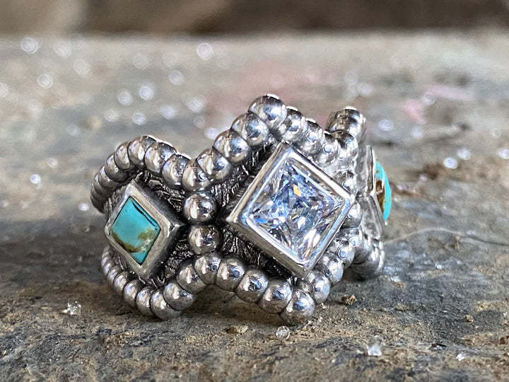 Vintage Silver Turquoise Square Diamond Ring-canovaniajewelry