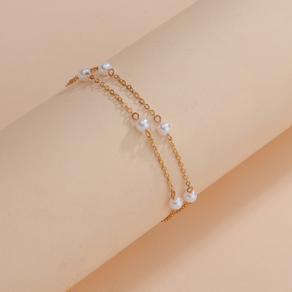 Beach simple pearl double alloy anklet-canovaniajewelry