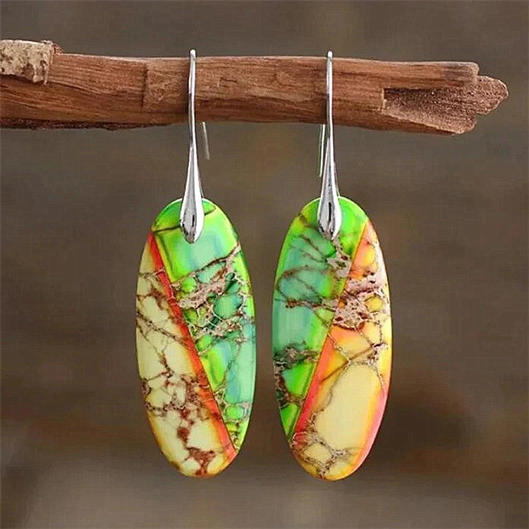 Flat oval two-color stitching natural stone earrings-canovaniajewelry
