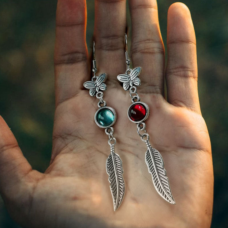 Butterfly feather set with red and green stone earrings-canovaniajewelry