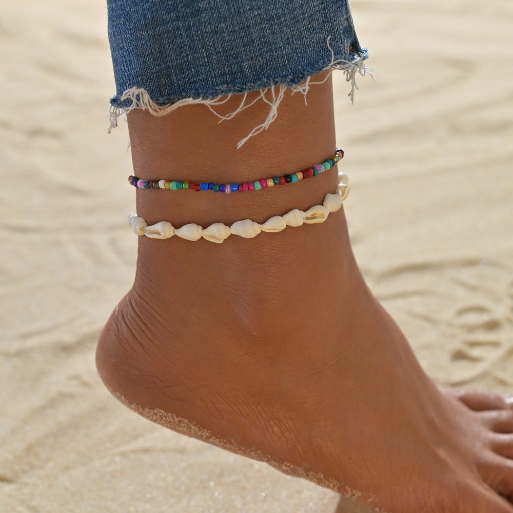 Bohemian conch colored rice beads beaded multi-layer anklet for women-canovaniajewelry