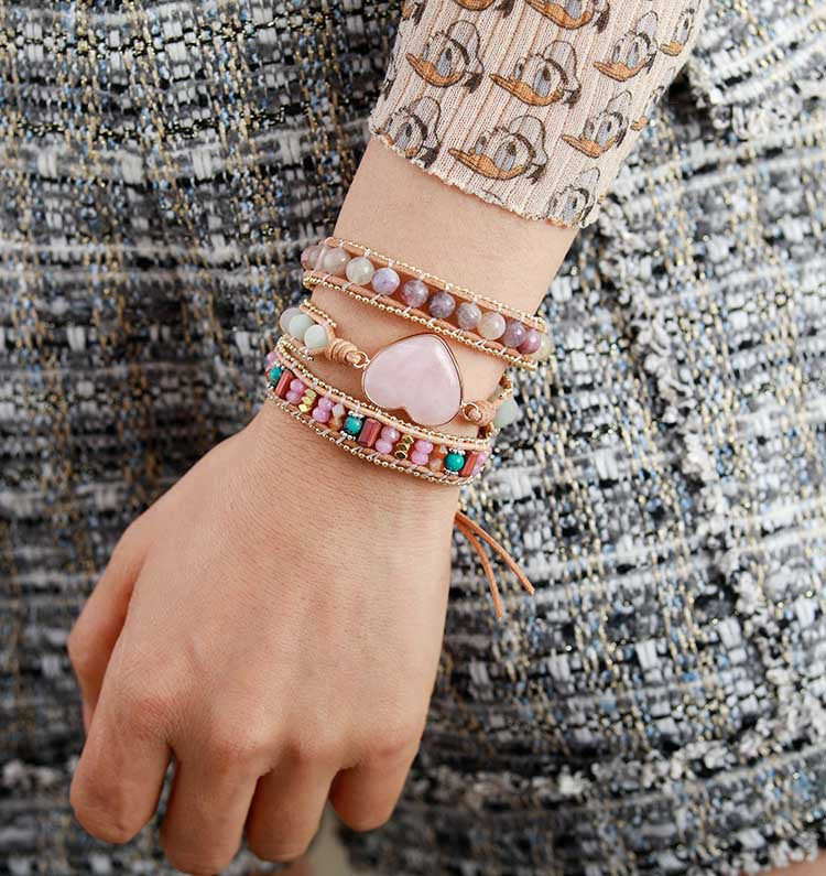 Pink crystal heart-shaped leather multi-layered bracelet-canovaniajewelry