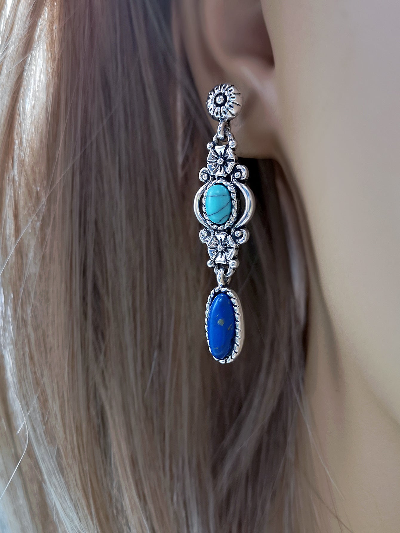 Vintage Engraved Flower Turquoise Earrings-canovaniajewelry