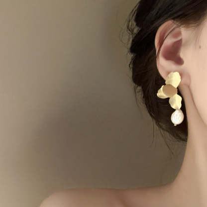 Baroque Pearl earrings with golden petal flowers-canovaniajewelry