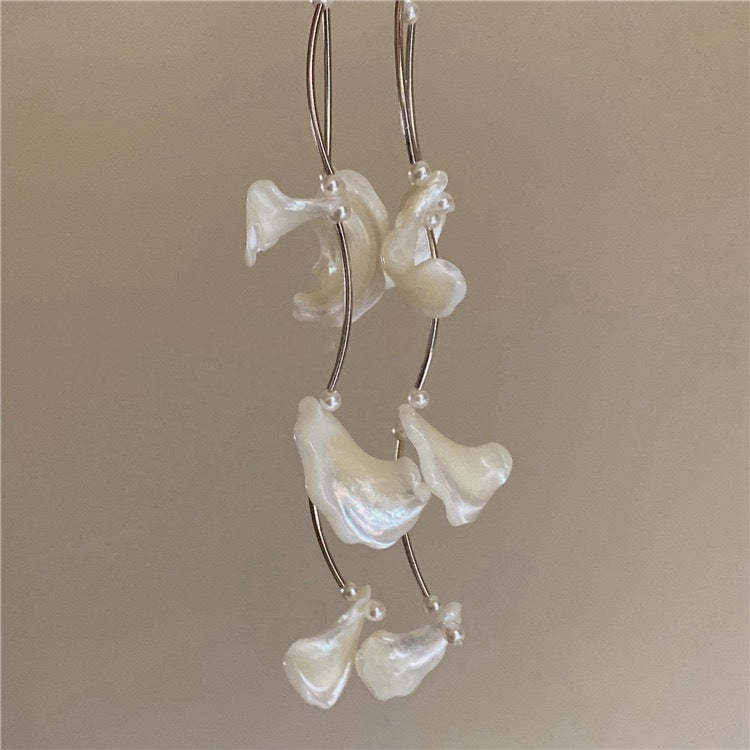 White shell flower breaking pearl tassel earrings-canovaniajewelry