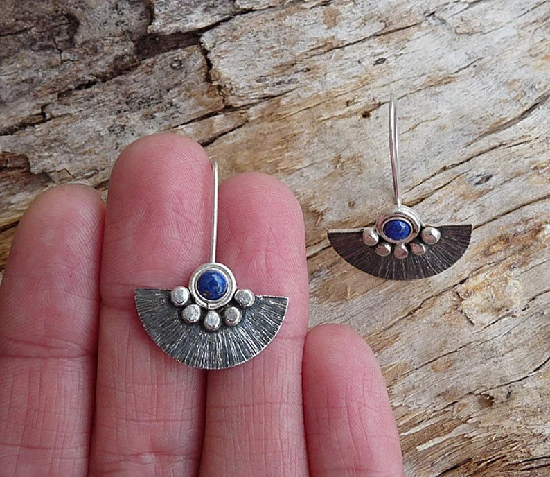 Retro semi-round fan-shaped lapis Lazuli earrings-canovaniajewelry