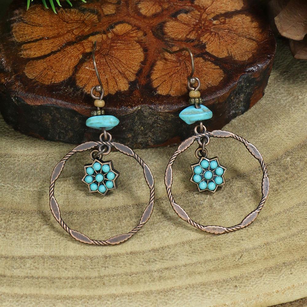 Boho Turquoise Flower Round Earrings-canovaniajewelry