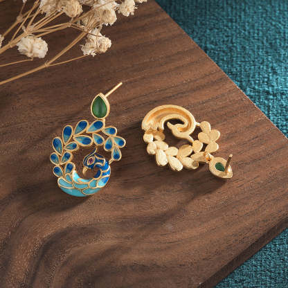 Enamel peacock natural chalcedony embellished agate earrings-canovaniajewelry