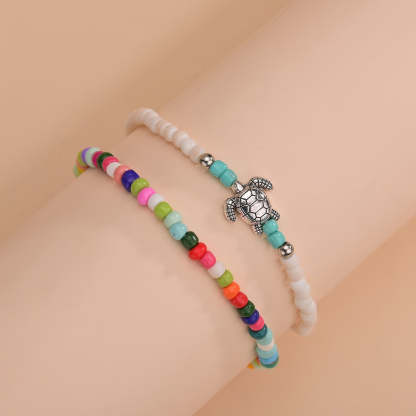 Beach seaside tourism personality color rice bead turtle woven anklet set 2 pieces-canovaniajewelry
