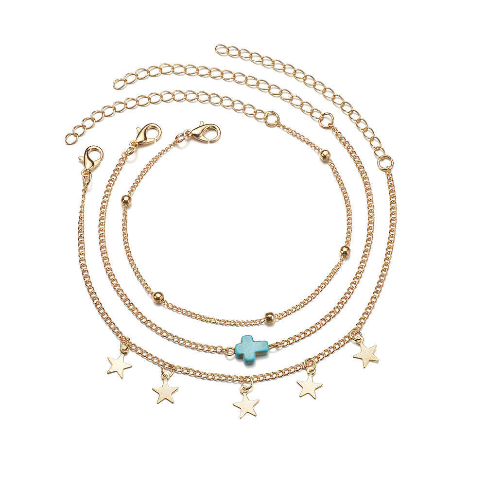 Beach star fringe cross turquoise multi-layer women's anklet-canovaniajewelry