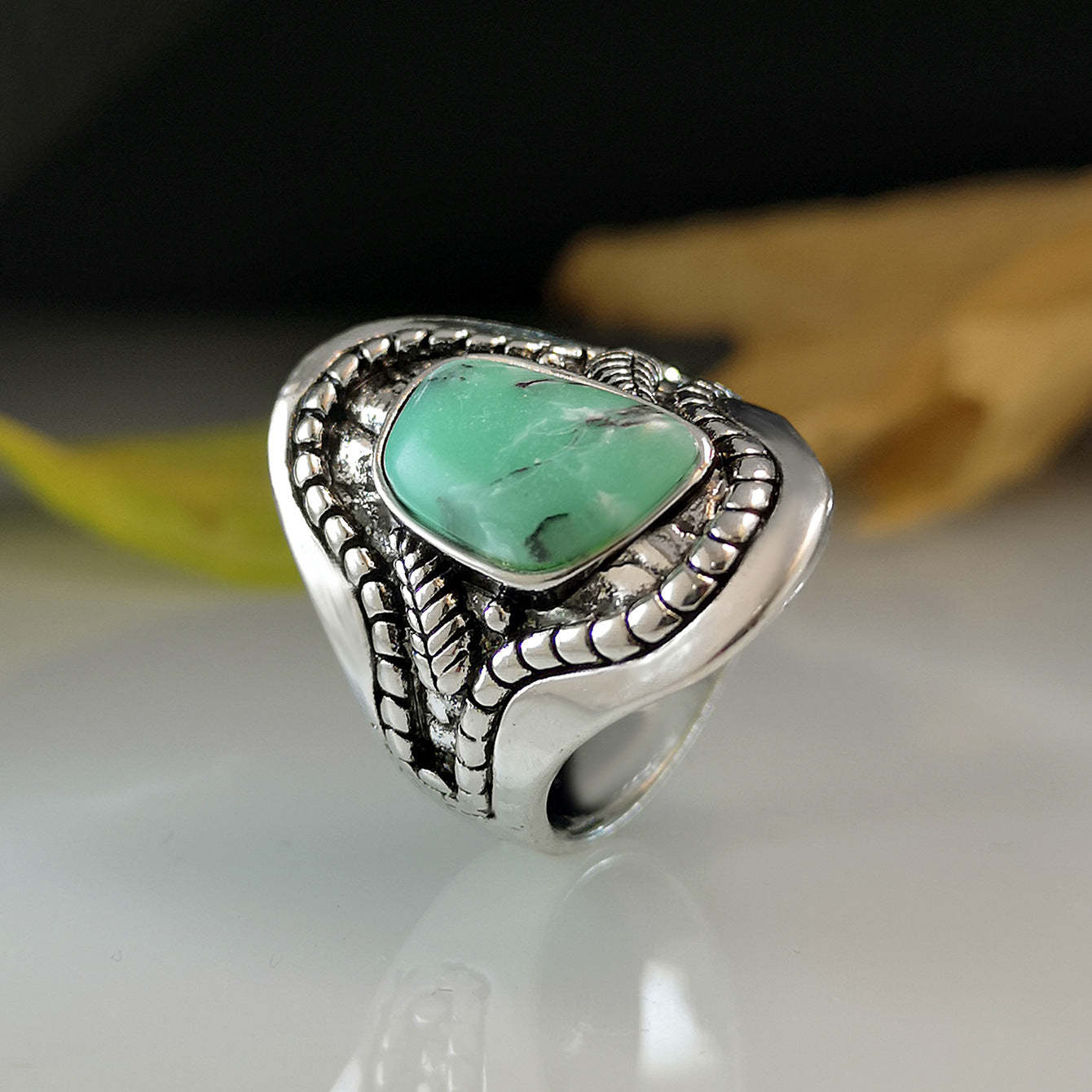 Bohemian creative leaf turquoise ring-canovaniajewelry