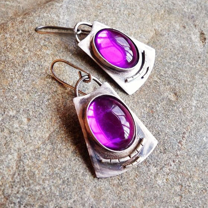 Antique silver plated with purple, green, blue stone earrings-canovaniajewelry