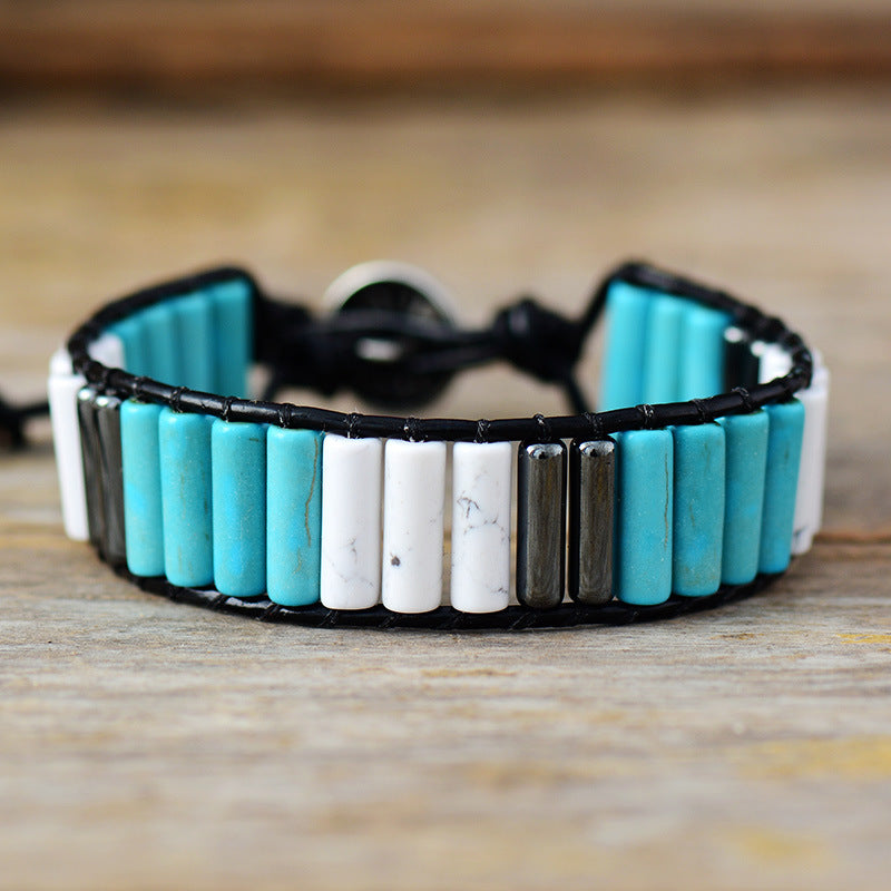 Natural stone turquoise multi-color leather hand-woven bracelet-canovaniajewelry