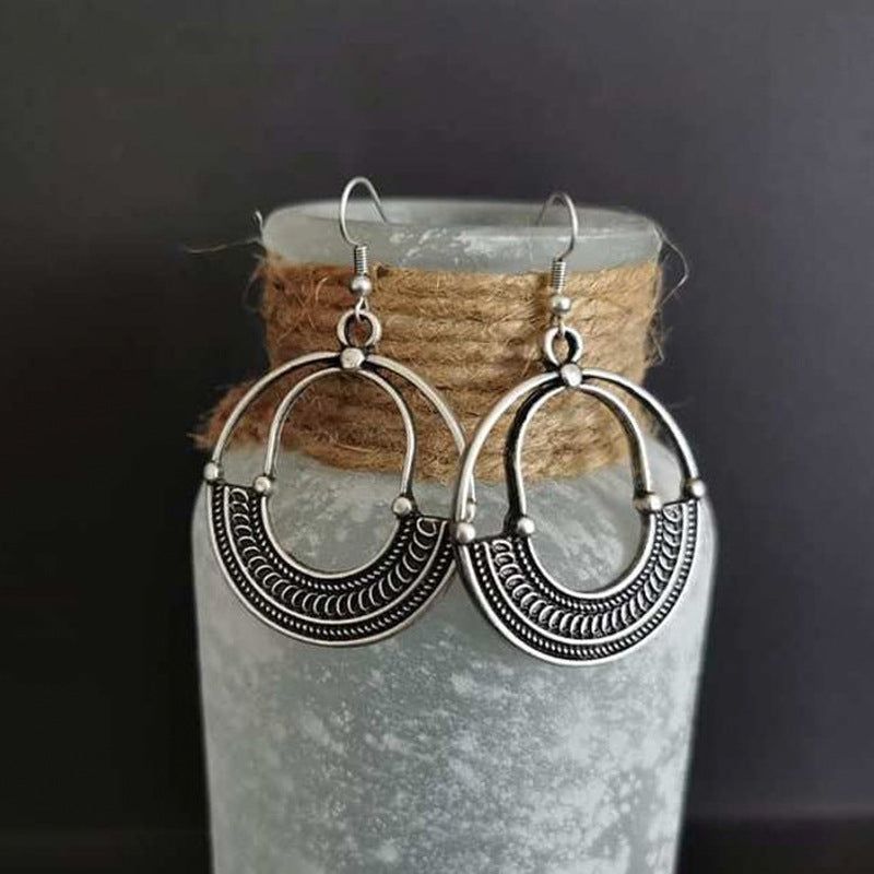 Retro geometric circular hollow out ancient silver earrings-canovaniajewelry