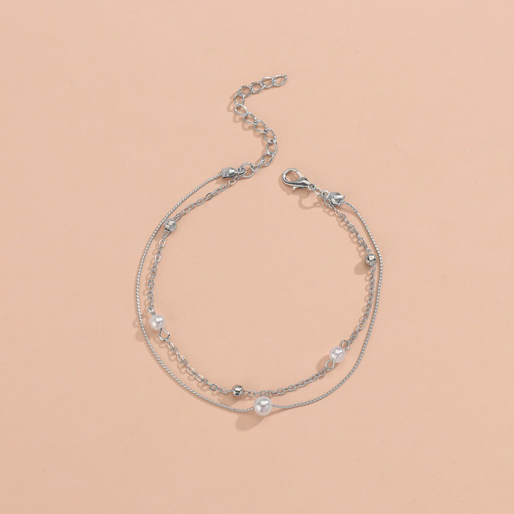 Summer Beach Pearl Double Layer Metal Anklet-canovaniajewelry