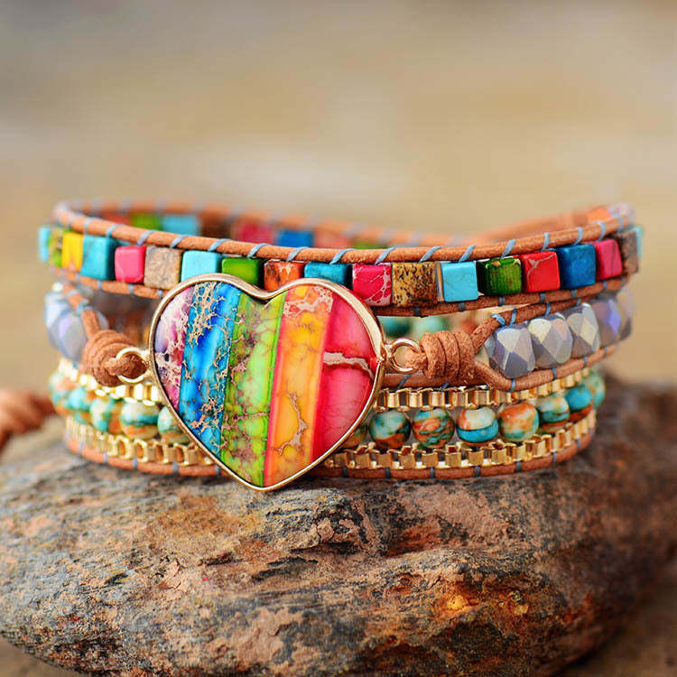 Heart-Shaped Colorful Imperial Stone Leather Bracelet-canovaniajewelry