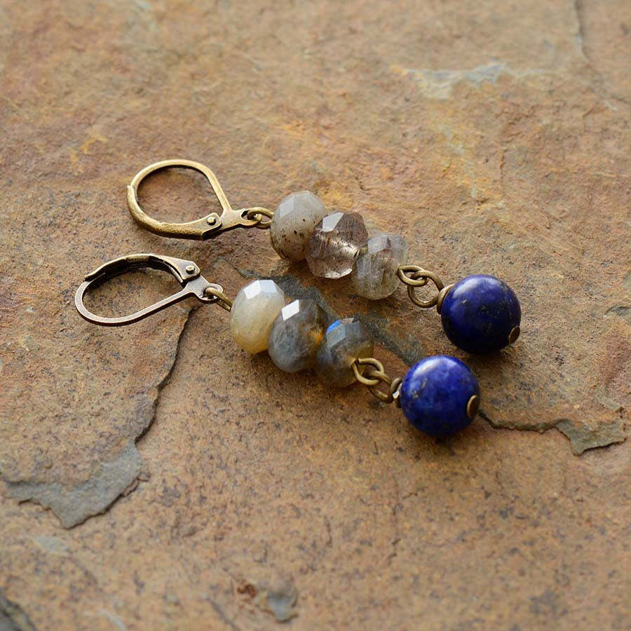 Natural gray blue moonlight wheel beads lapis lazuli beaded earrings-canovaniajewelry