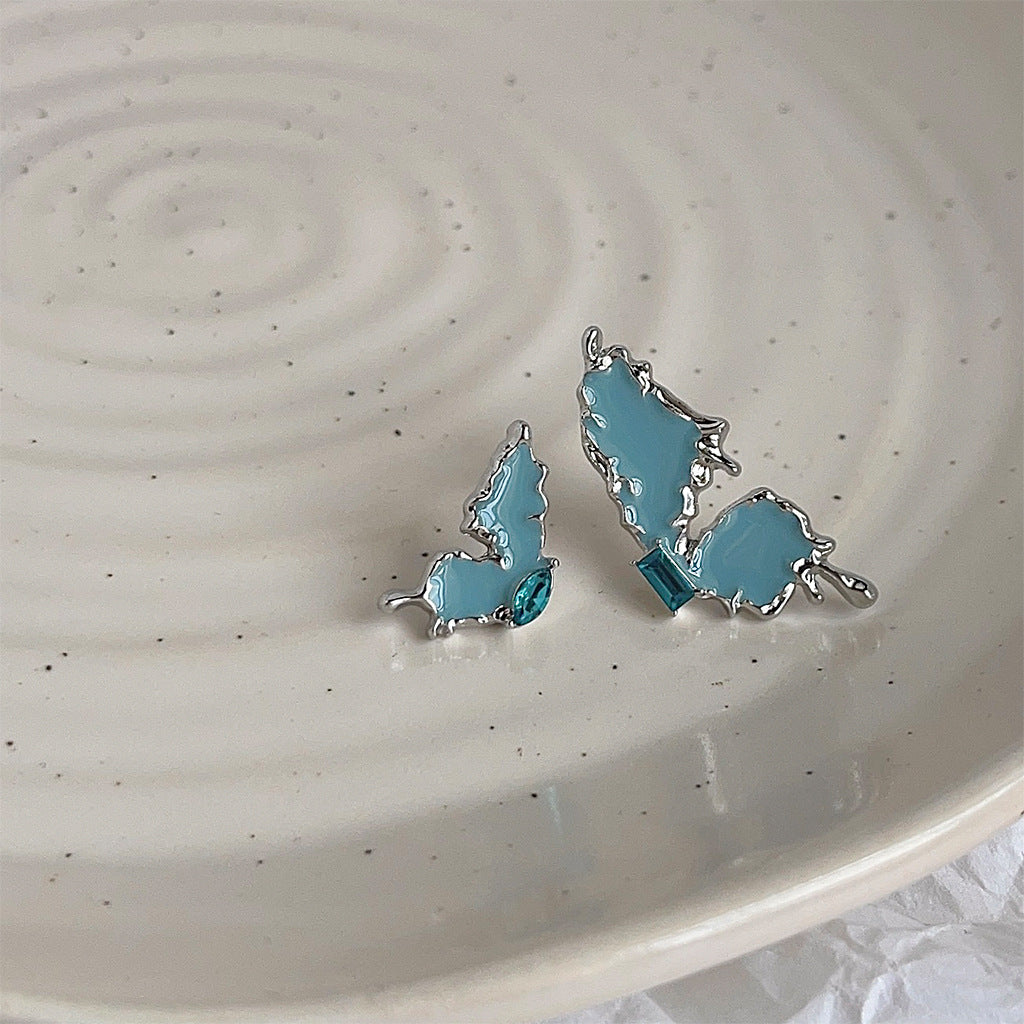 Drop Glaze Zircon Blue Asymmetric Butterfly Stud Earrings-canovaniajewelry