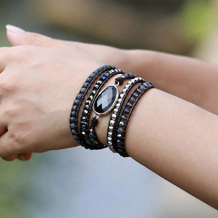 Five-layer vintage cowhide rope black onyx hand-woven beaded bracelet-canovaniajewelry