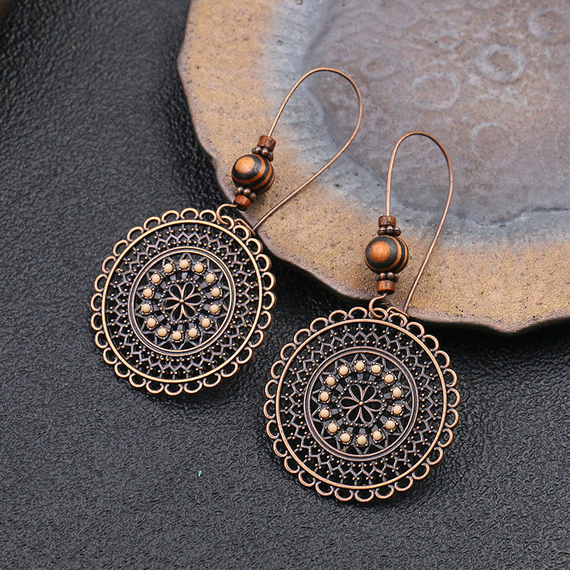 Retro fashion round flower rhinestone wooden bead earrings-canovaniajewelry