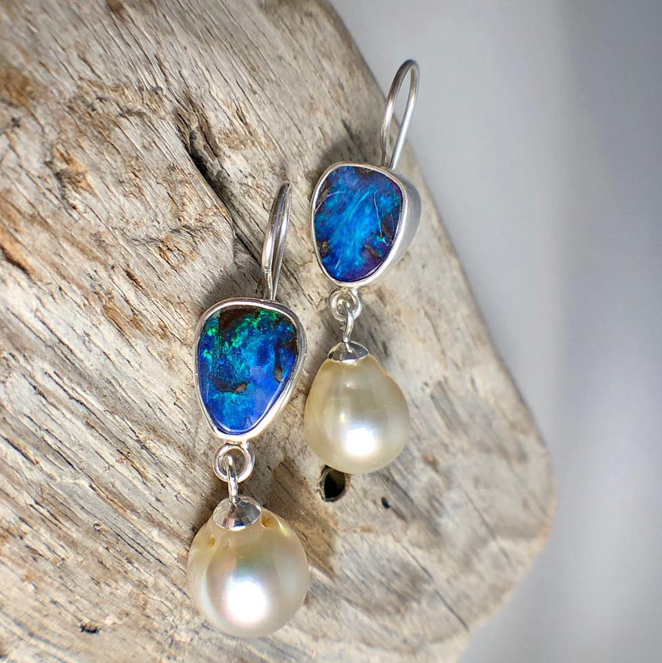 Ocean Blue opal Pearl Earrings-canovaniajewelry