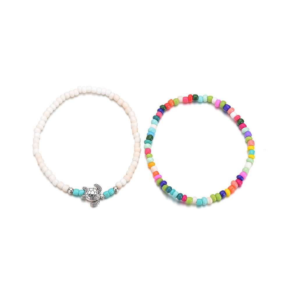 Beach seaside tourism personality color rice bead turtle woven anklet set 2 pieces-canovaniajewelry