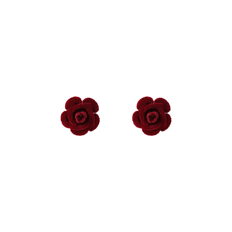 Burgundy rose flocked earrings-canovaniajewelry