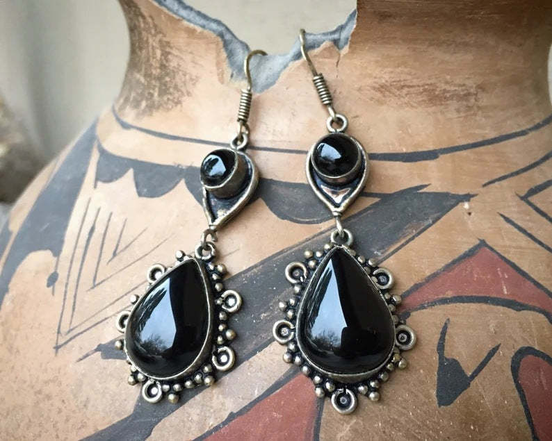 Boho Vintage Drop black agate hollowed out earrings-canovaniajewelry