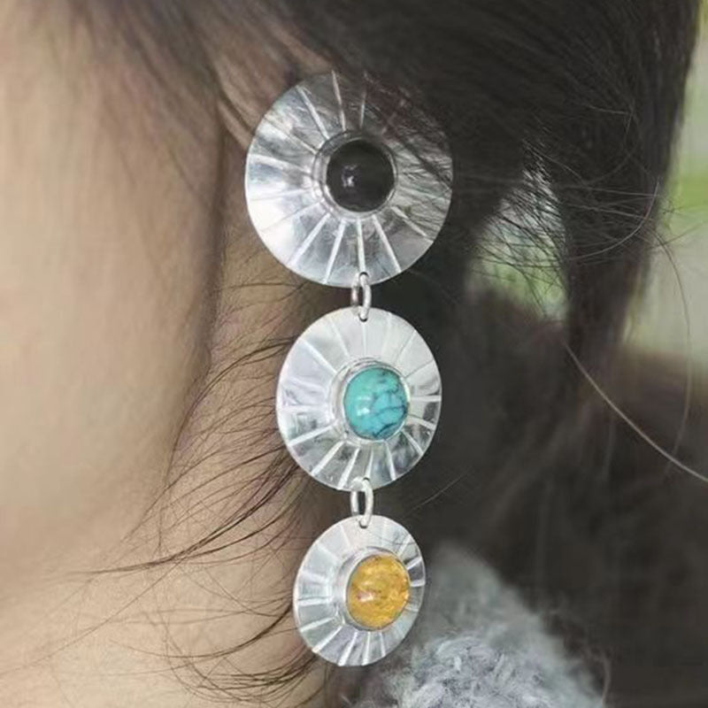 Vintage round inlaid turquoise, agate, zircon earrings-canovaniajewelry