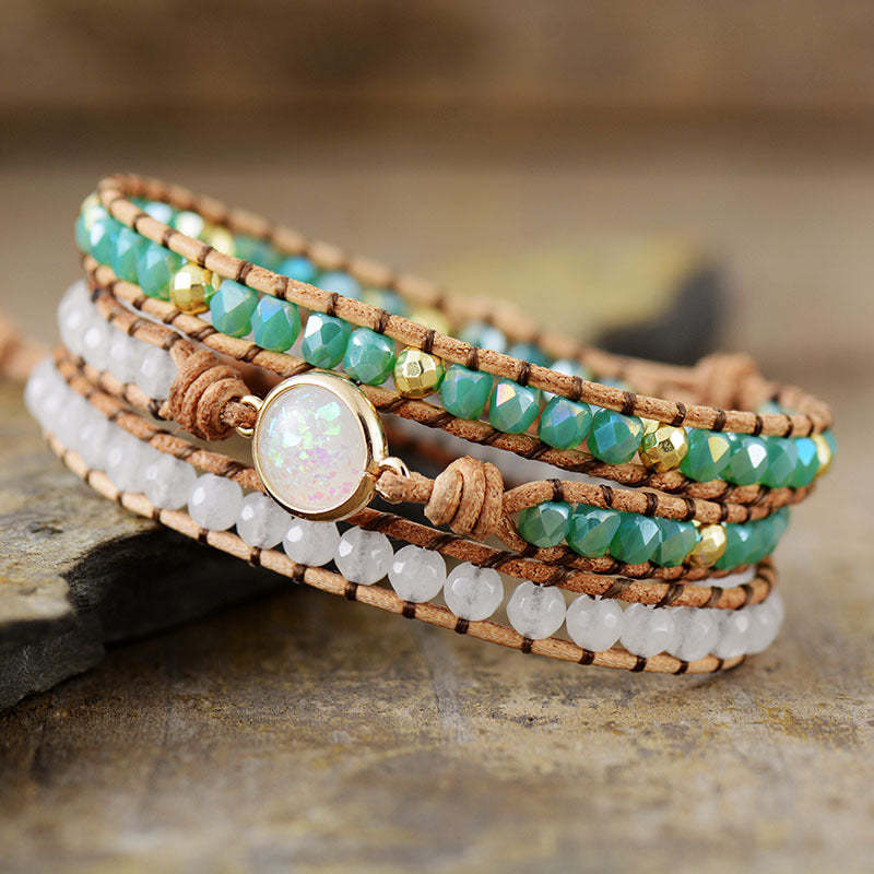 Opal Stone Beads Meditation Bracelet - Leather Wrapped Bracelet Gift-canovaniajewelry