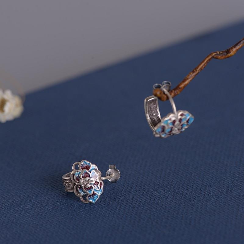 Blue ear studs with peony flowers-canovaniajewelry