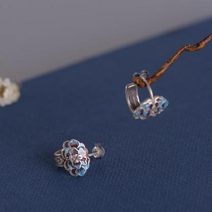 Blue ear studs with peony flowers-canovaniajewelry