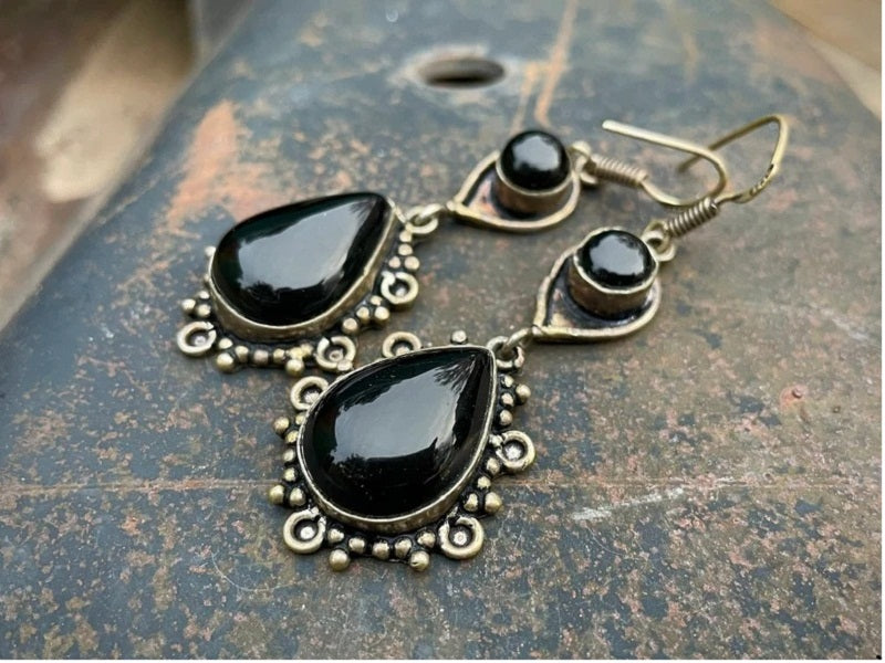 Boho Vintage Drop black agate hollowed out earrings-canovaniajewelry