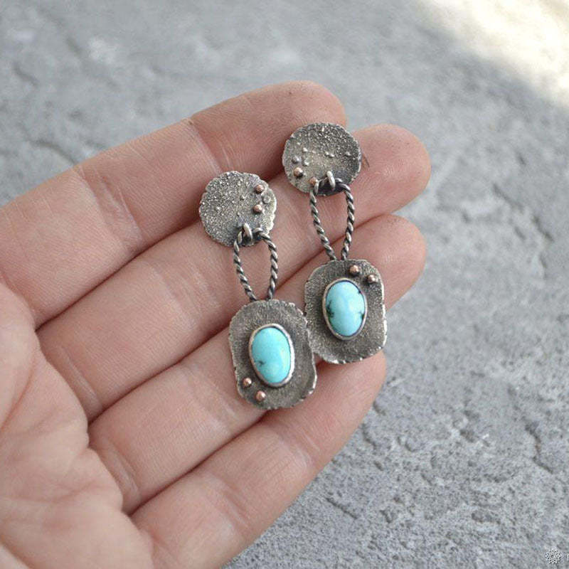 Bohemian oval turquoise twist cord metallic personality earrings-canovaniajewelry