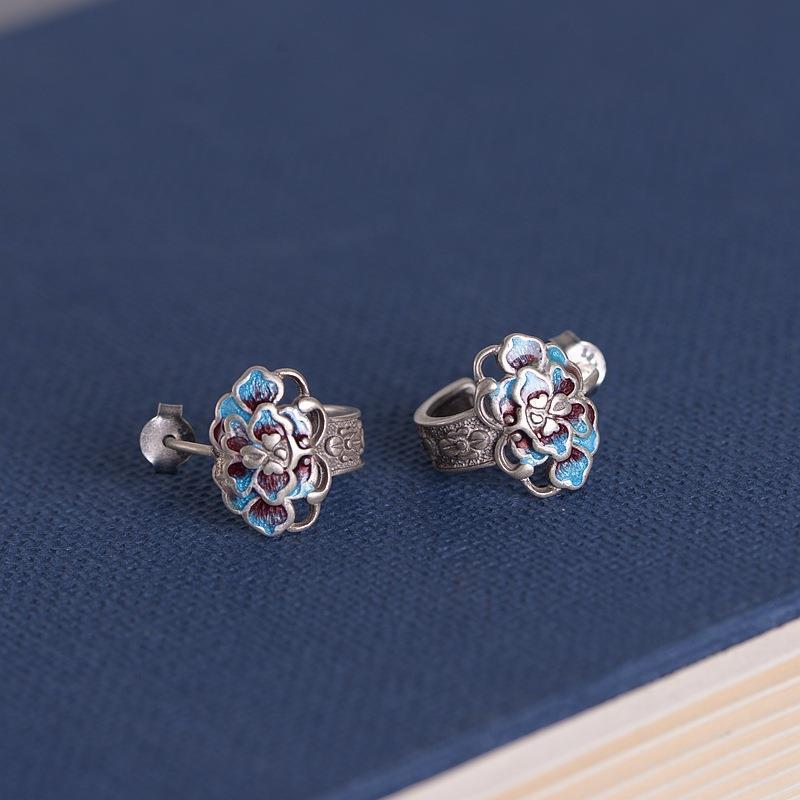 Blue ear studs with peony flowers-canovaniajewelry