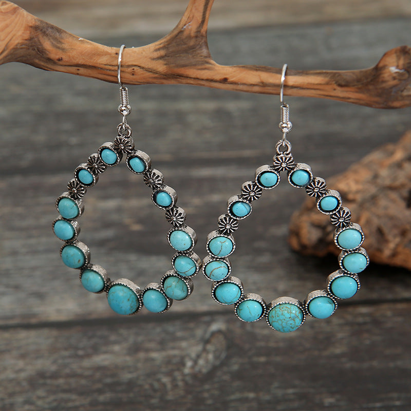 Geometric hollow drop-shaped flower turquoise earrings-canovaniajewelry