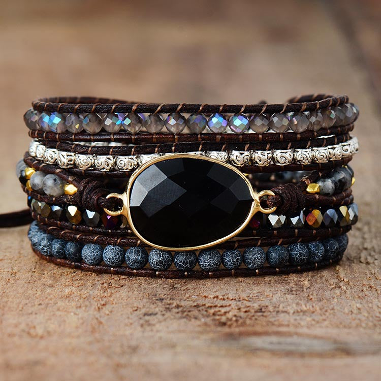 Five-layer vintage cowhide rope black onyx hand-woven beaded bracelet-canovaniajewelry